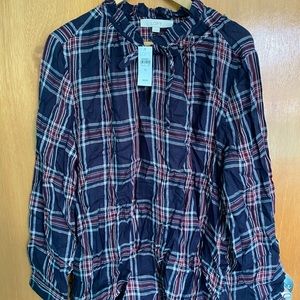 NWT Loft Blue Plaid Ruffle Neck Blouse XL